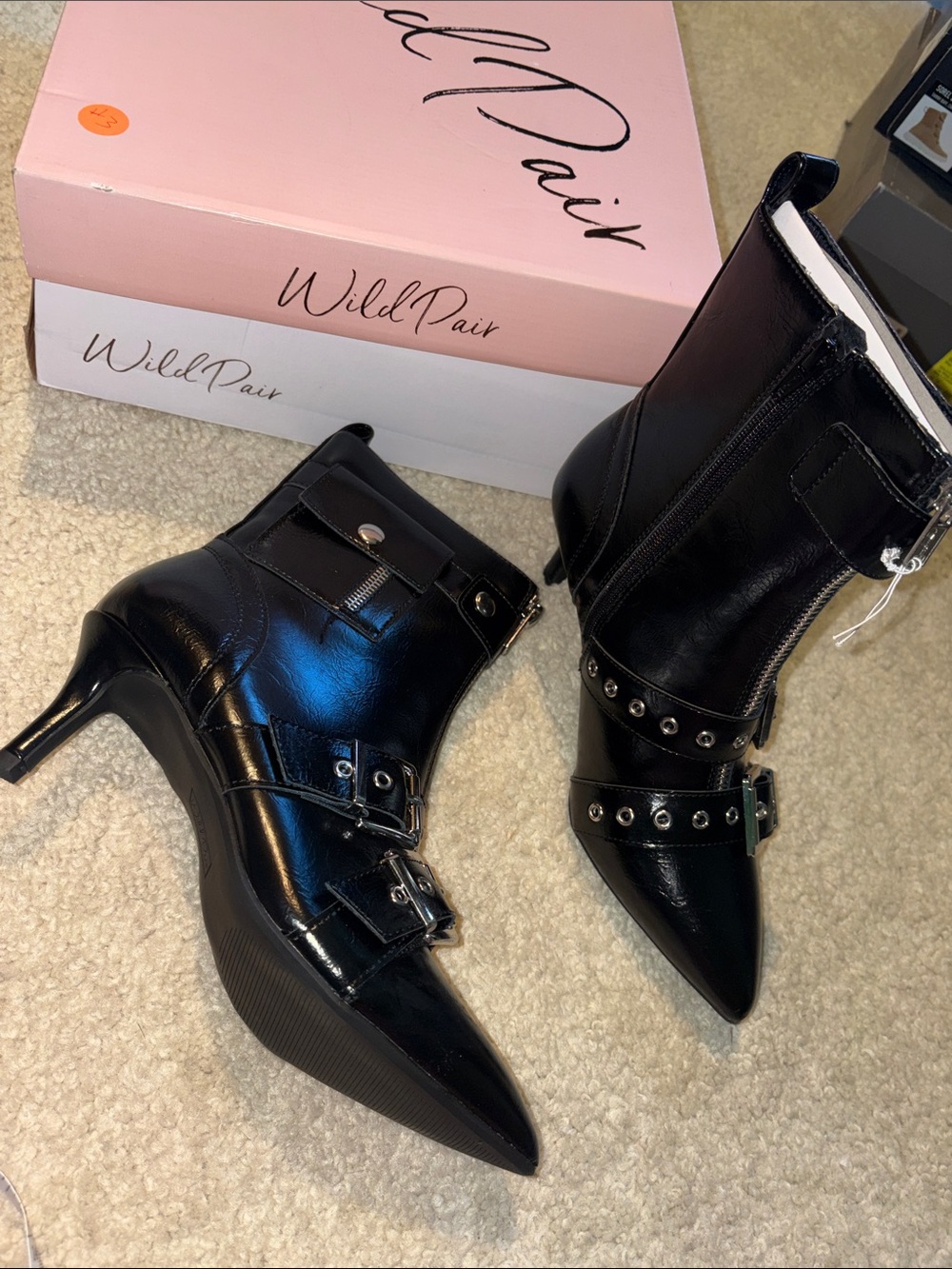 Wild Pair Black Studded Pointed-Toe Ankle Boots with Buckles